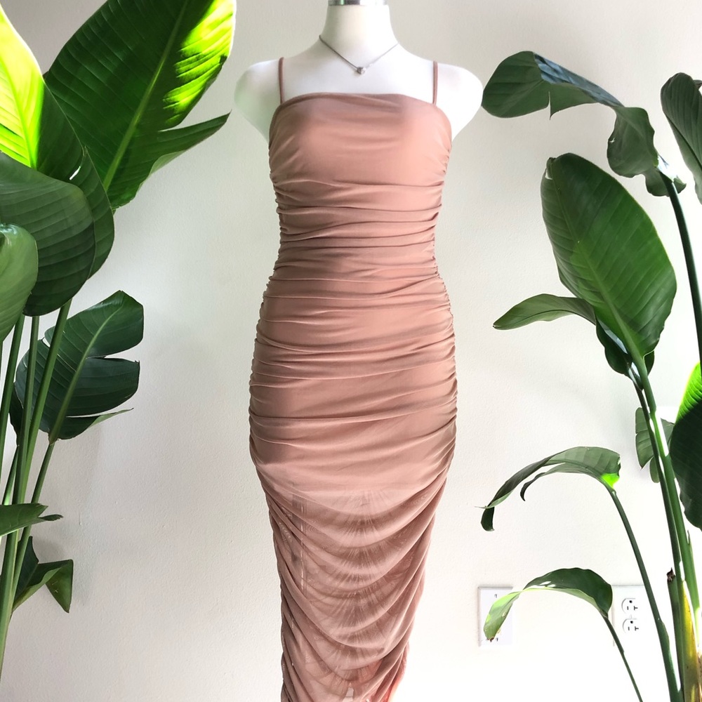 Taupe mesh scrunch midi dress